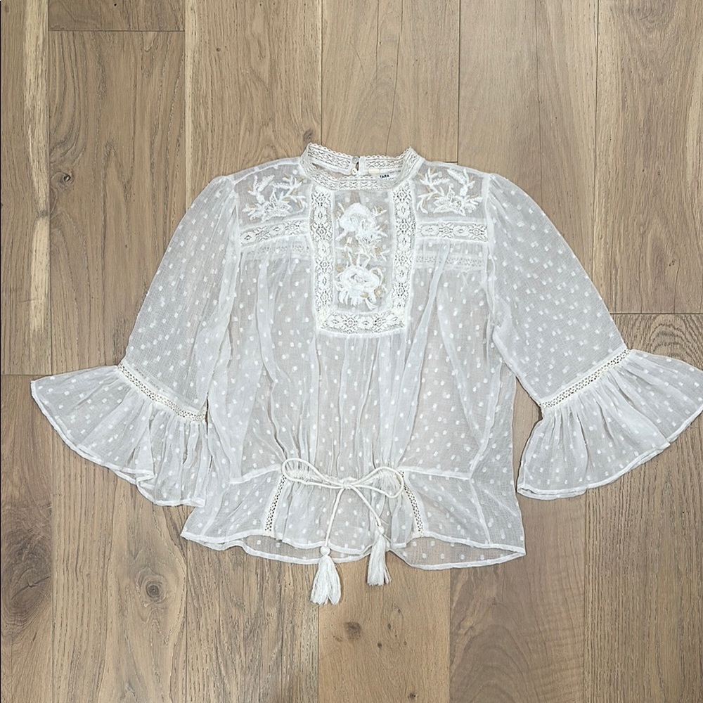 Zara Cream Sheer Embroidered Lace Ruffled Bell Sleeve Blouse with Tie Front